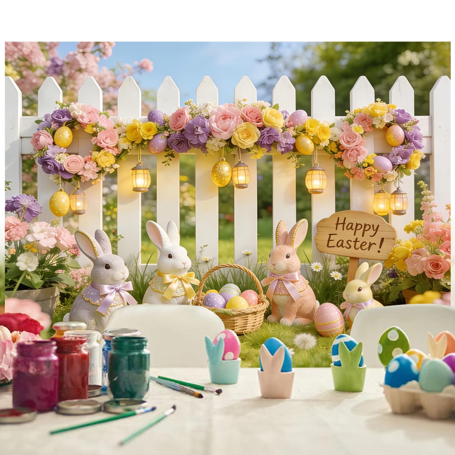 10x8ft Easter Backdrop Glitter Fence Flower Spring Garden Backdrops for Photo…