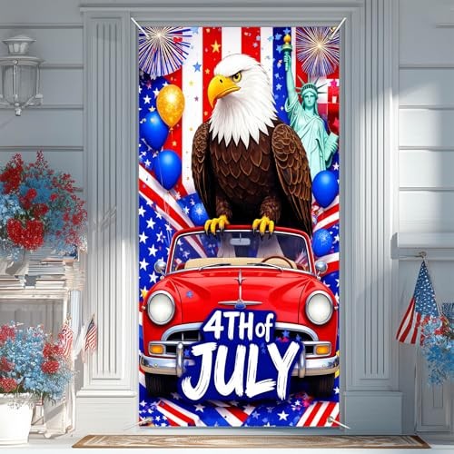 Patriotic Door Cover Decoration 71 x 35 in Holiday 4th of July Eagle Red Car