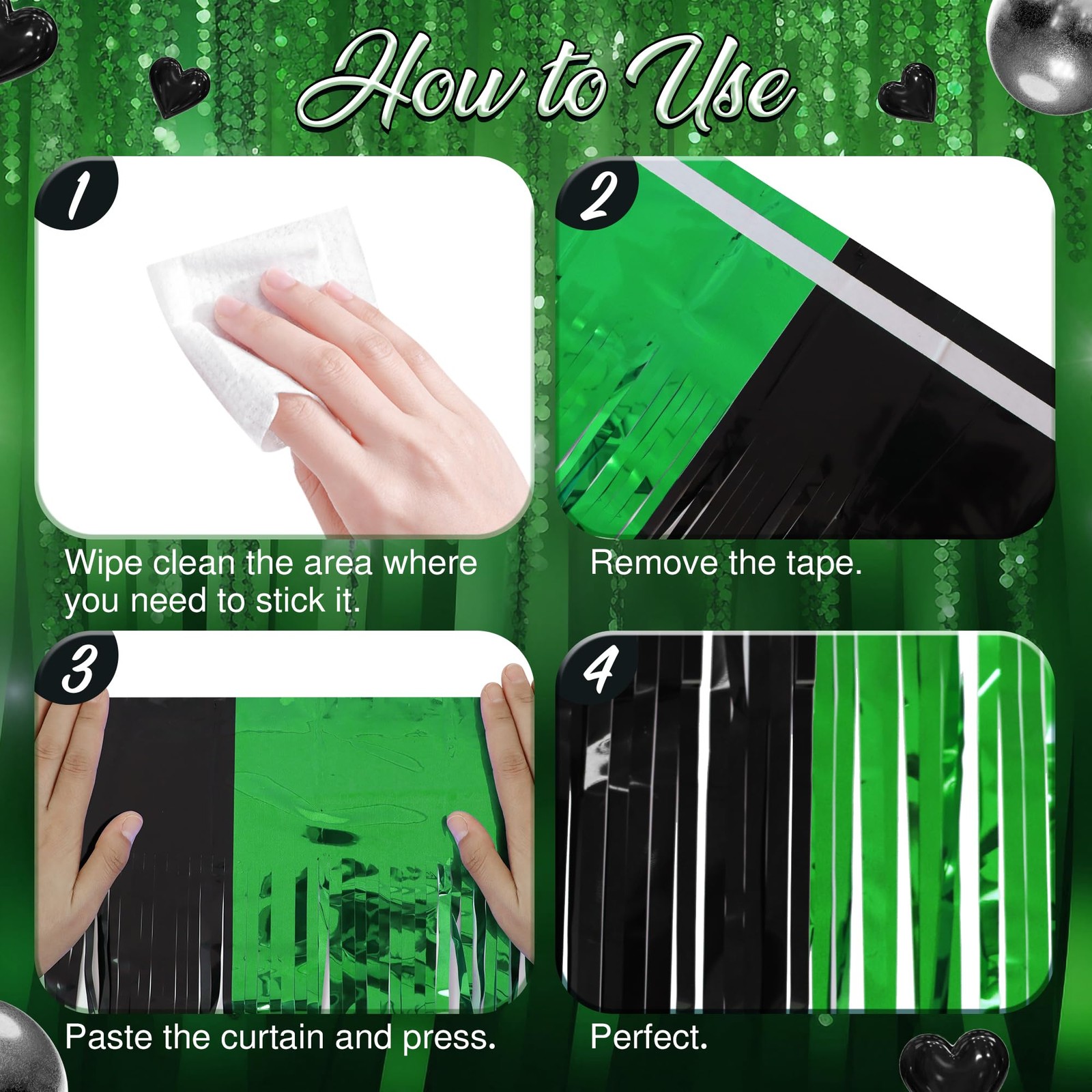 2 Pack Green Black Fringe Backdrop, 3.2×8.2ft Shining Foil Tinsel Curtains, …