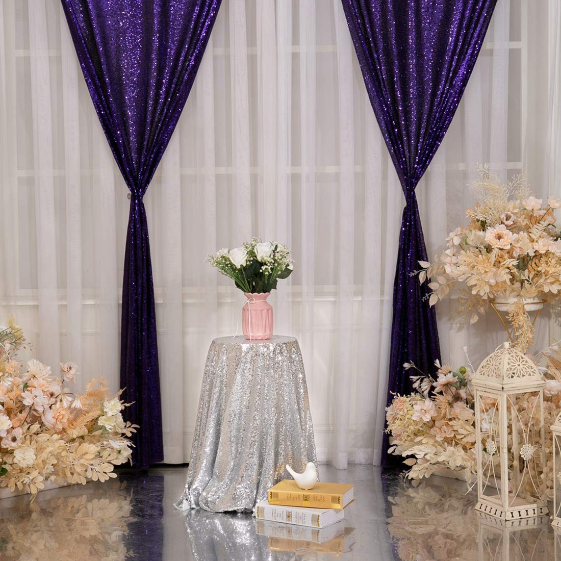 Poise3EHome 2Pcs 3Ft x 8Ft Purple Sequin Backdrop Curtain, Glitter Photograph…