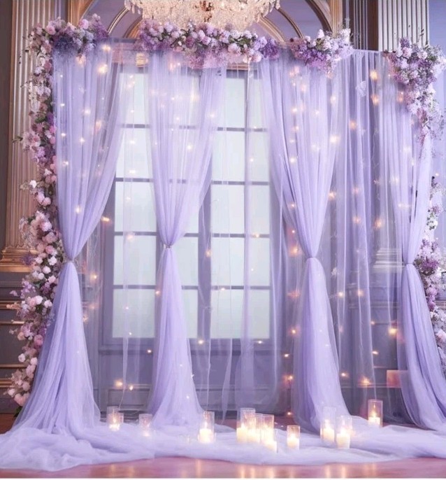 30x8ft Purple Tulle Backdrop Curtain with Lights String for Parites, Sheer Photo