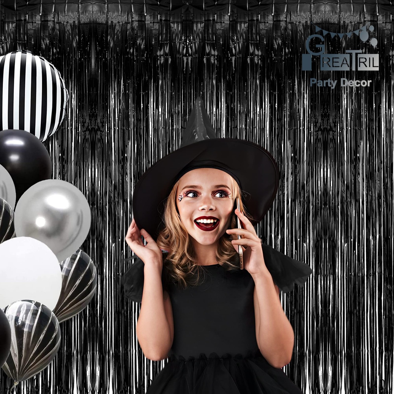 2 PCS Black Tinsel Backdrop Curtain Party Streamers Halloween Decorations
