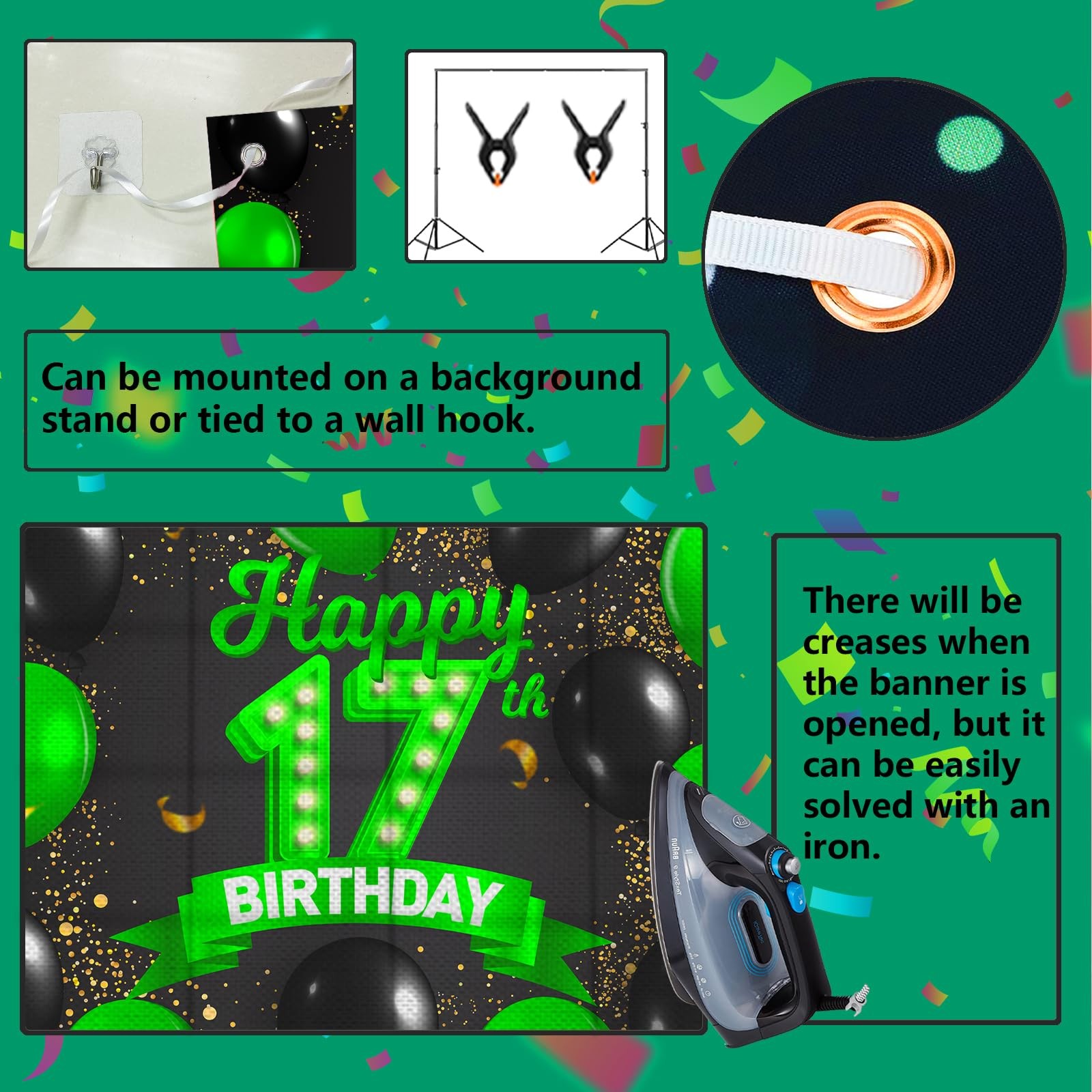 Happy 17th Birthday Green and Black Banner Backdrop Cheers to 17 17, Multi