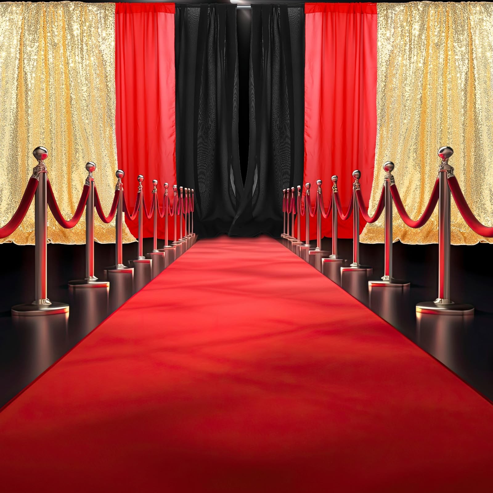 7 Pcs Red Black Gold Movie Night Sequin Backdrop Curtains with Red Carpet 2ft…