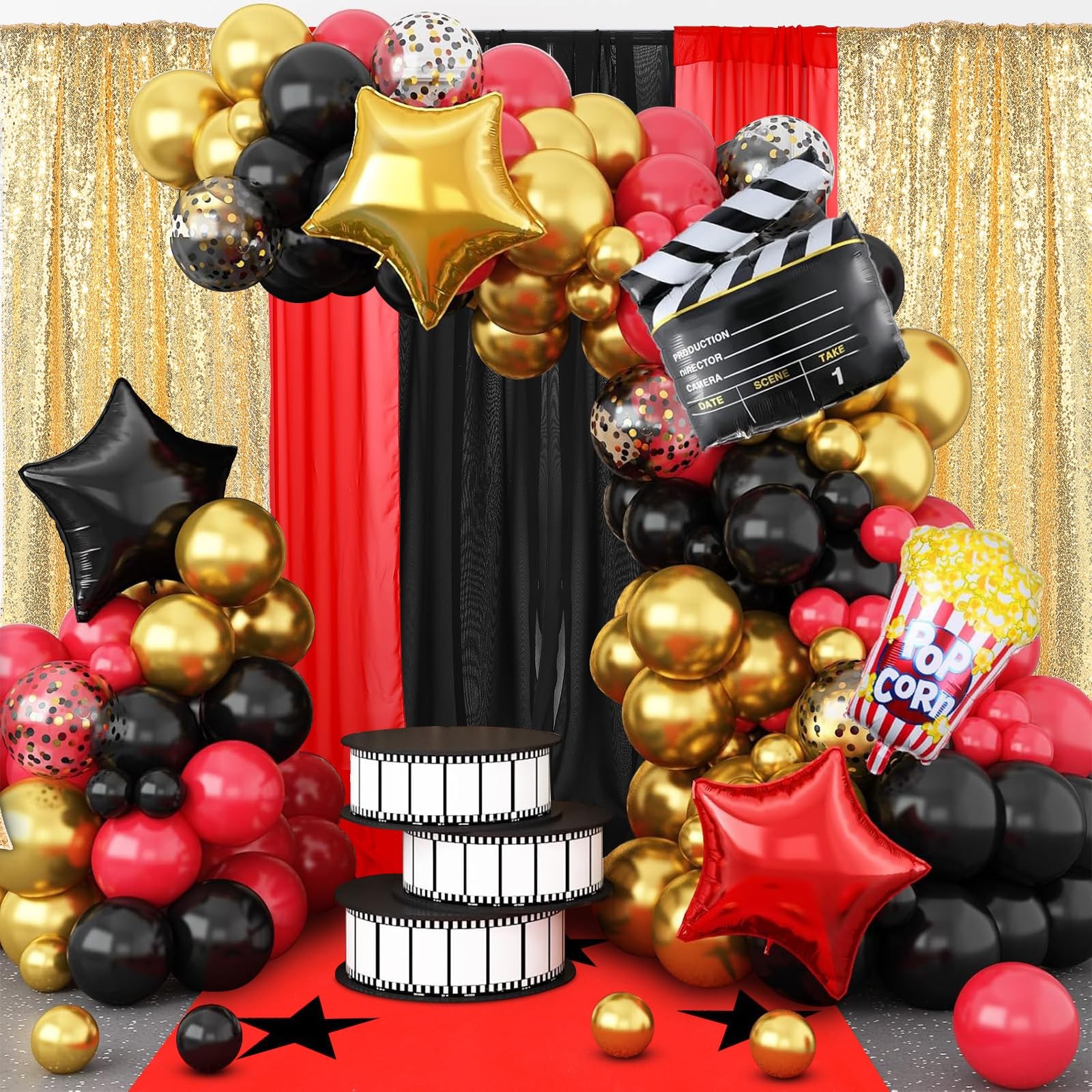 7 Pcs Red Black Gold Movie Night Sequin Backdrop Curtains with Red Carpet 2ft…