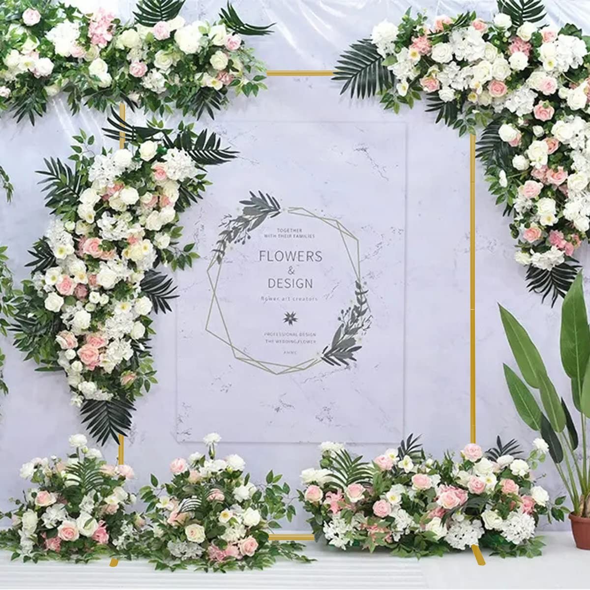 Gold Wedding Arch Backdrop Stand, 6.6FT*5FT Square Balloon and Flower Metal A…