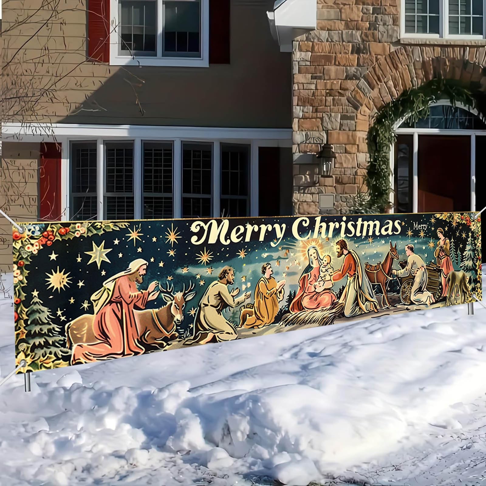BlissYard Large Merry Christmas Banner 78×18 Inch Nativity Christmas#2