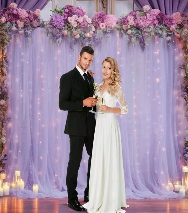 30x8ft Purple Tulle Backdrop Curtain with Lights String for Parites, Sheer Photo