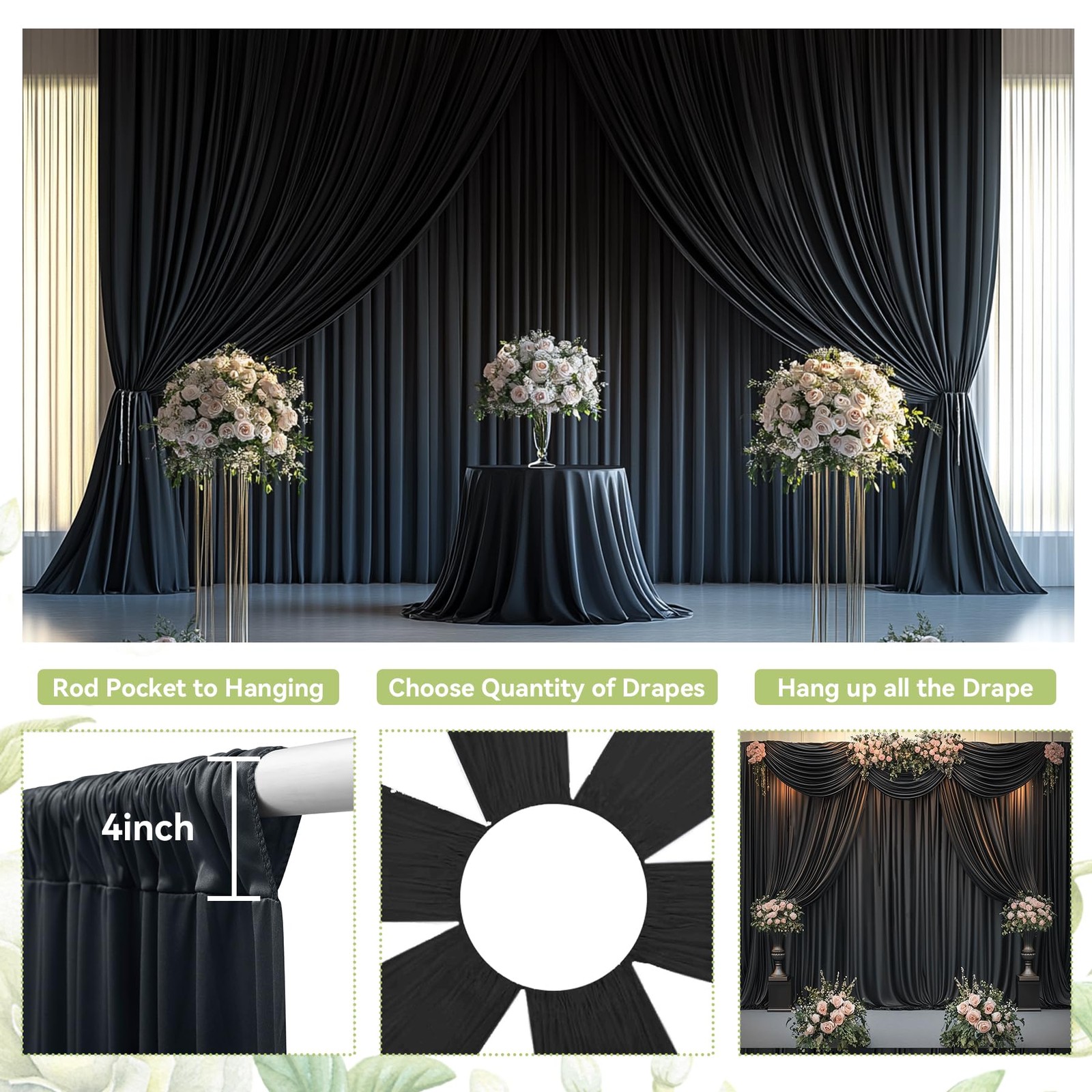 10x12ft Black Backdrop Curtain, 2 Panels, Wrinkle Free 12ft Long Polyester