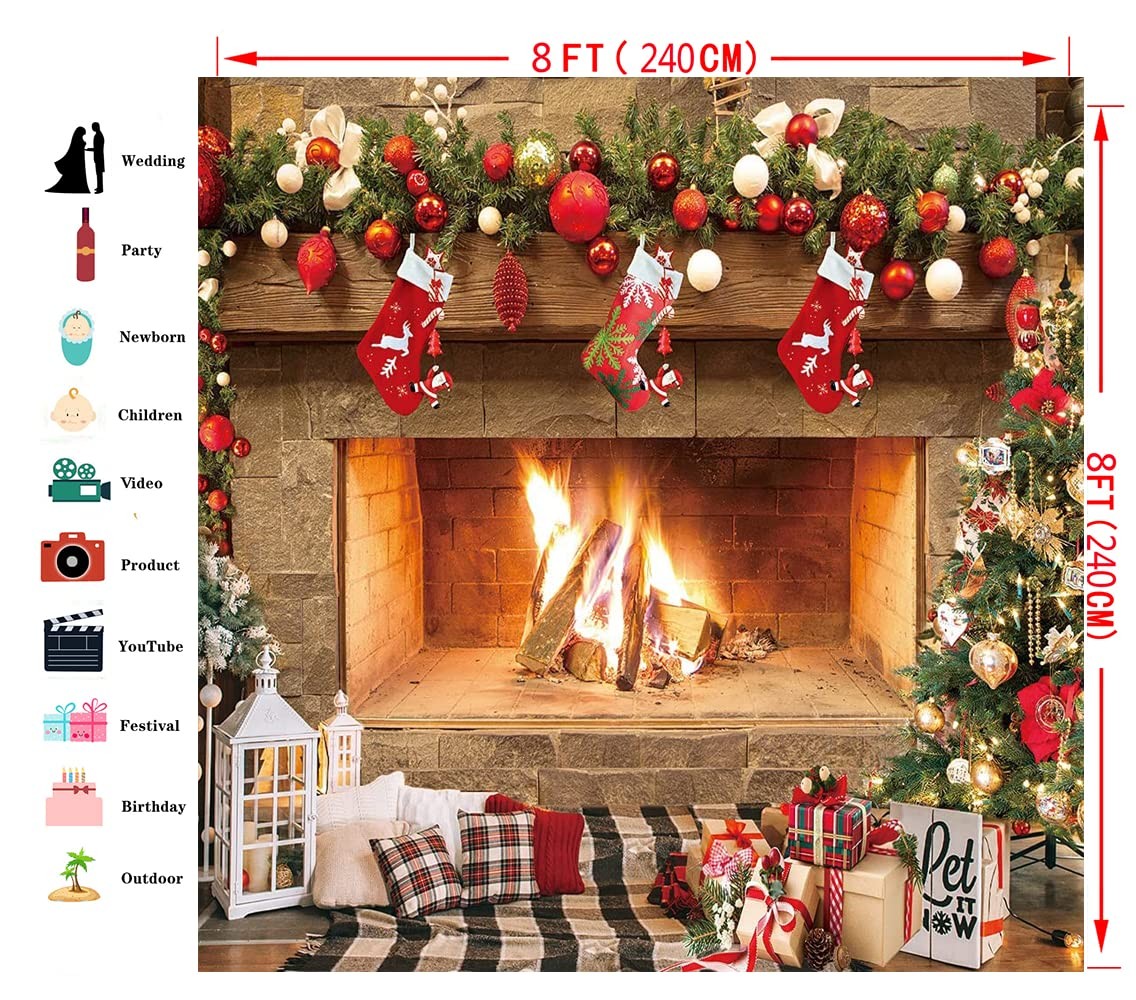 8x8ft Christmas Fireplace Photography Backdrop Family Party Decor Prop D469