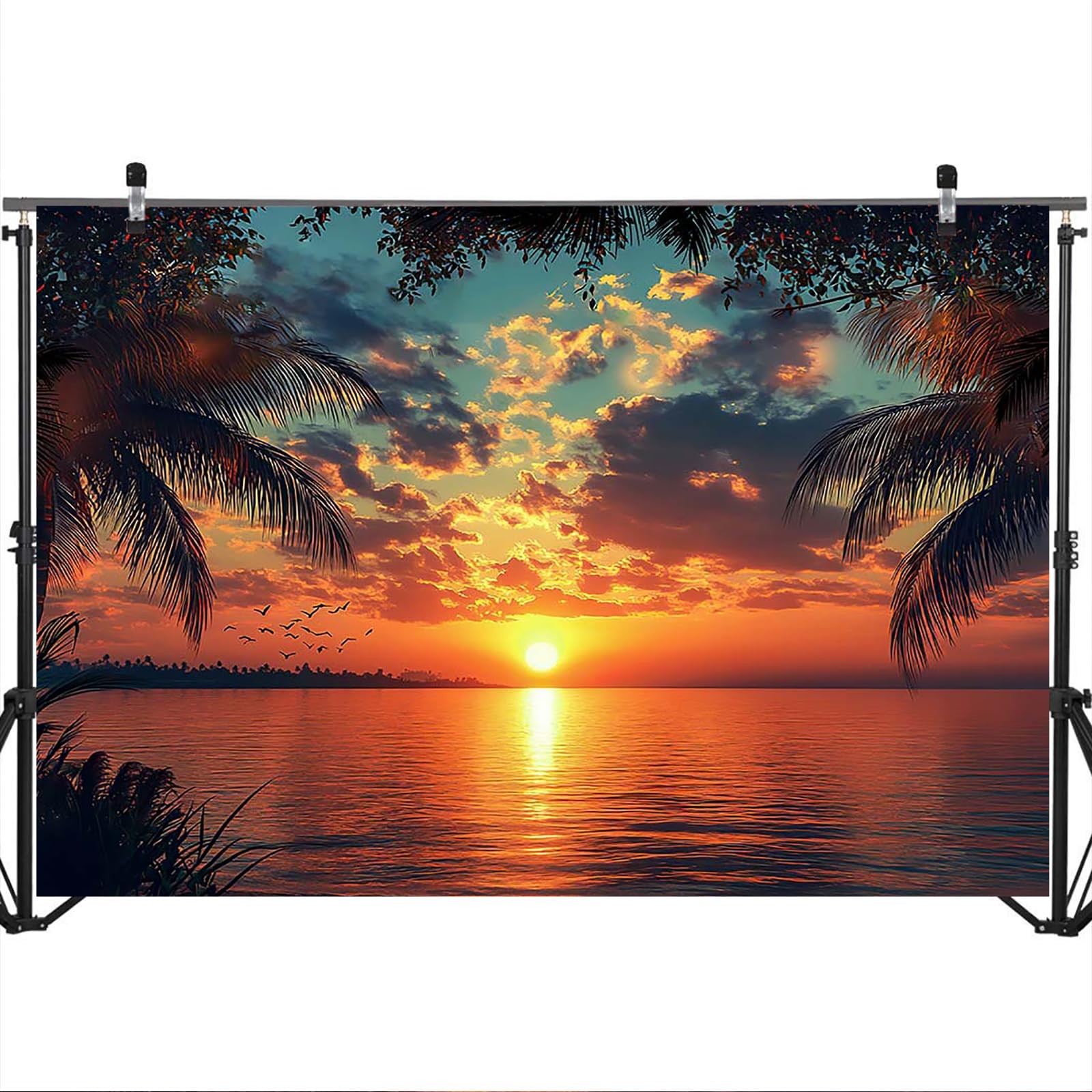 7x5ft Sunset Summer Beach Tropical Luau Palm Leaves Ocean Photo Backdrop