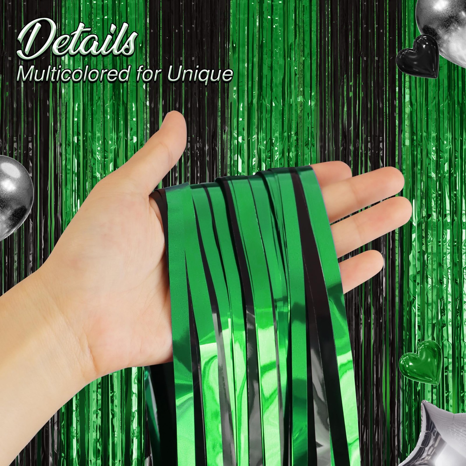 2 Pack Green Black Fringe Backdrop, 3.2×8.2ft Shining Foil Tinsel Curtains, …