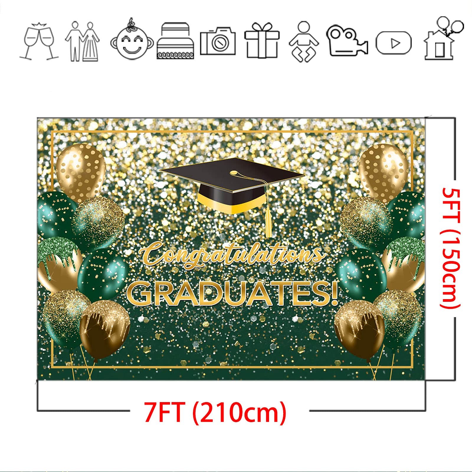 7x5ft Green, Gold Glitter Graduation Backdrop, Class of 2025, Congrats Grad