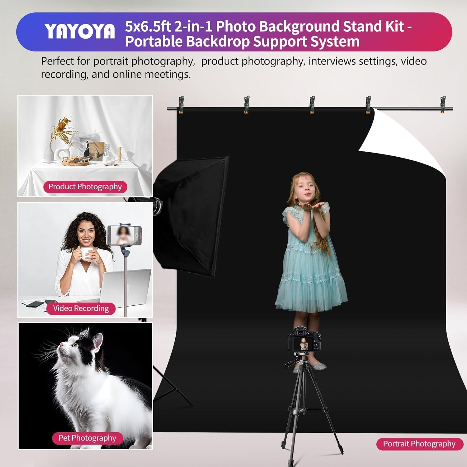 Professional 5×6.5ft Black & White Photography Backdrop with T-Shaped Stand