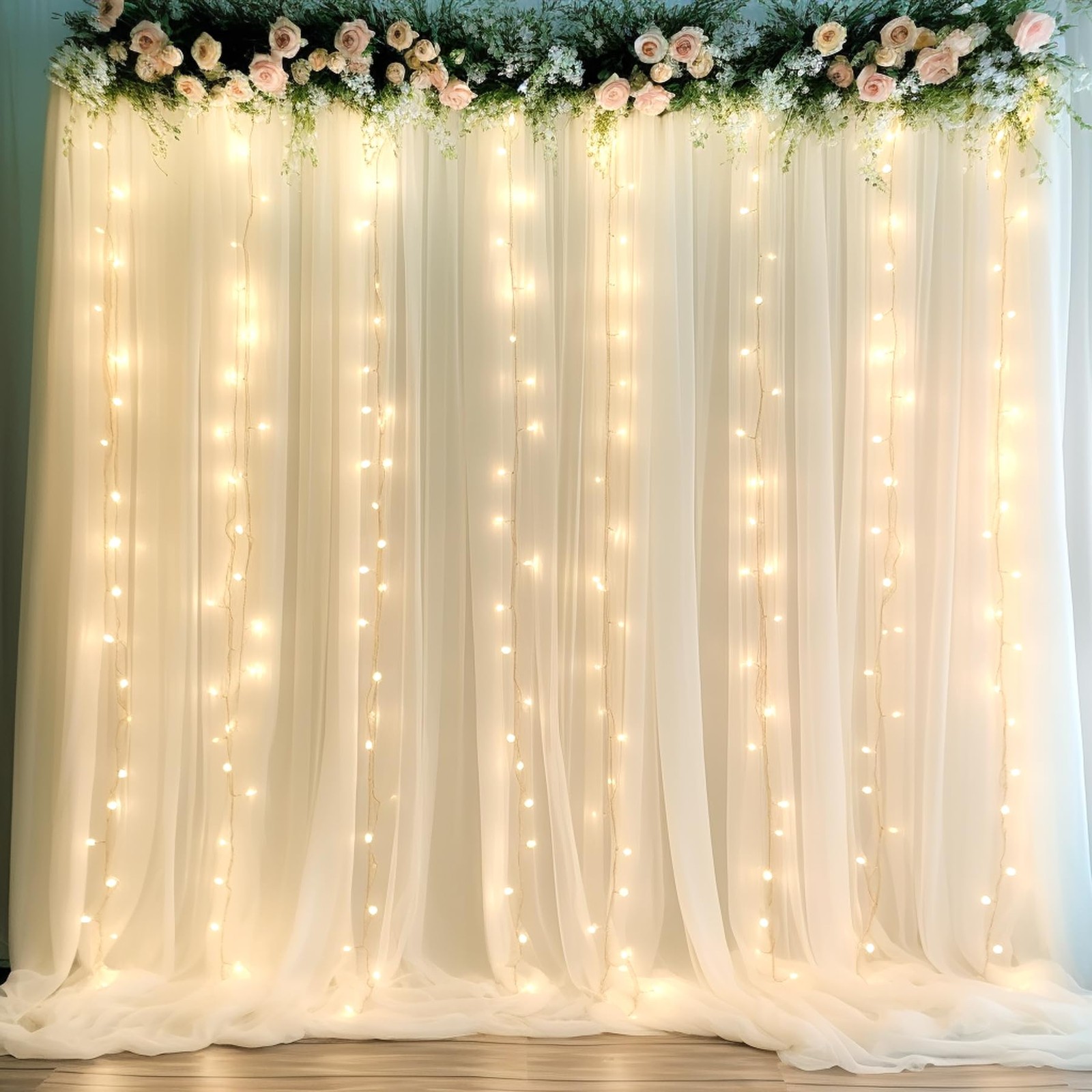 10ft x 10ft Ivory Chiffon Backdrop Curtain with Lights String for Parties2 Pa…
