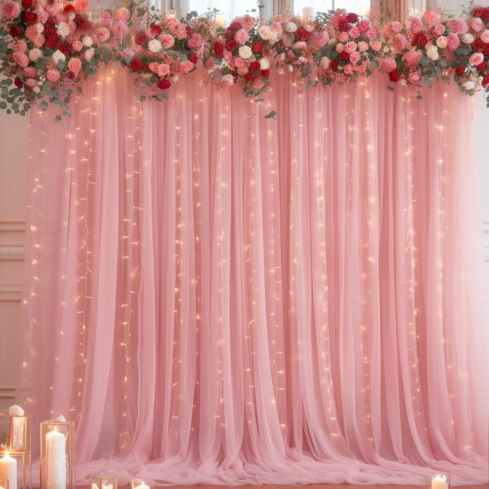 10ft x 10ft Dusty Rose Backdrop Curtain with Lights String for Parties, Sheer…