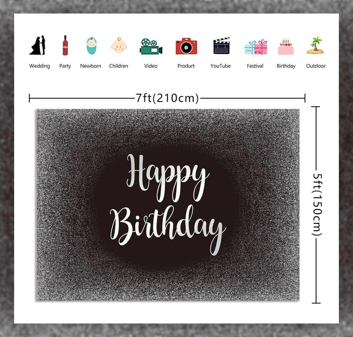 Black Silver Happy Birthday Backdrop Grey Glitter Photography Background 7x5FT