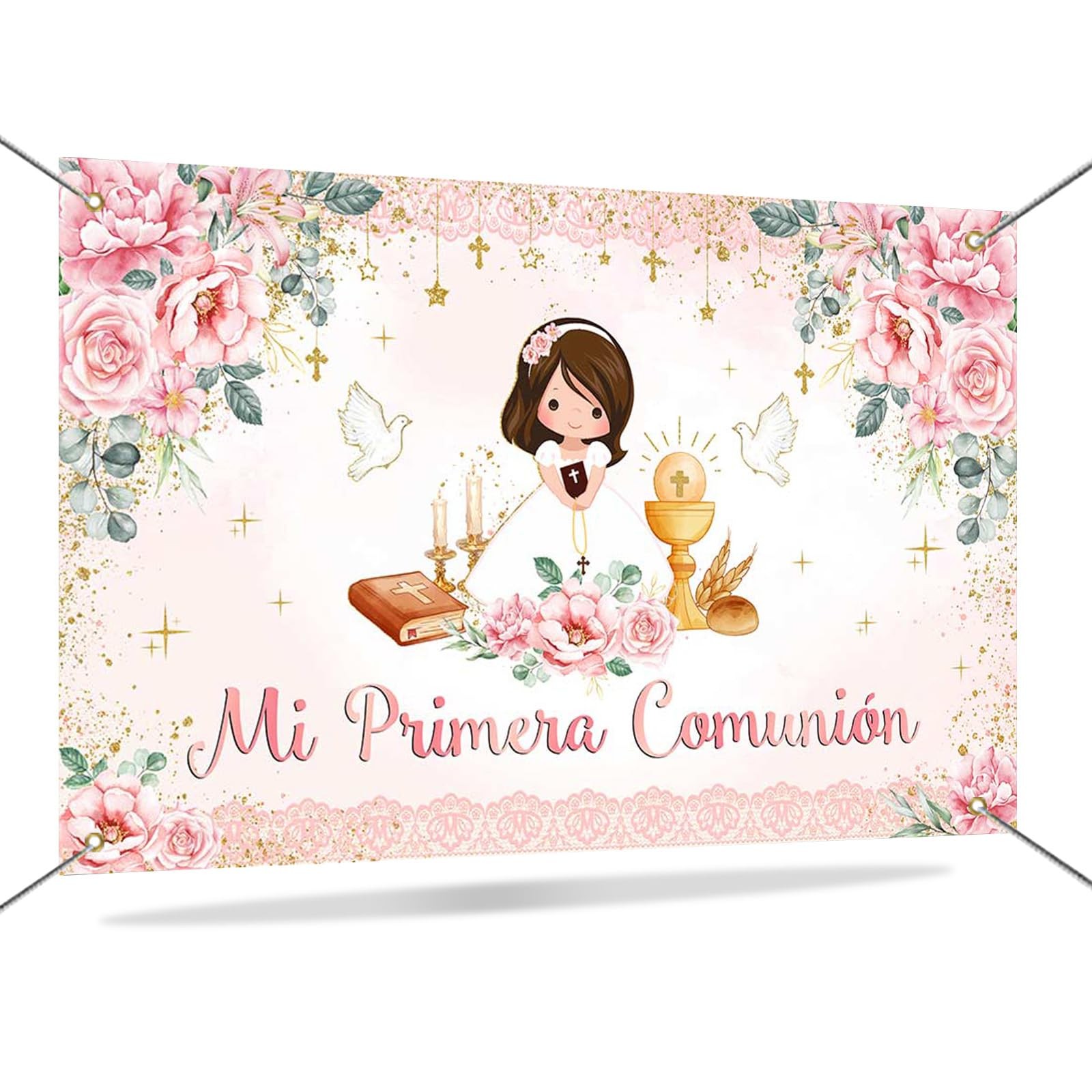 Mi Primera Comunion Banner Baptism Backdrop for Girls Pink Floral God Bless F…