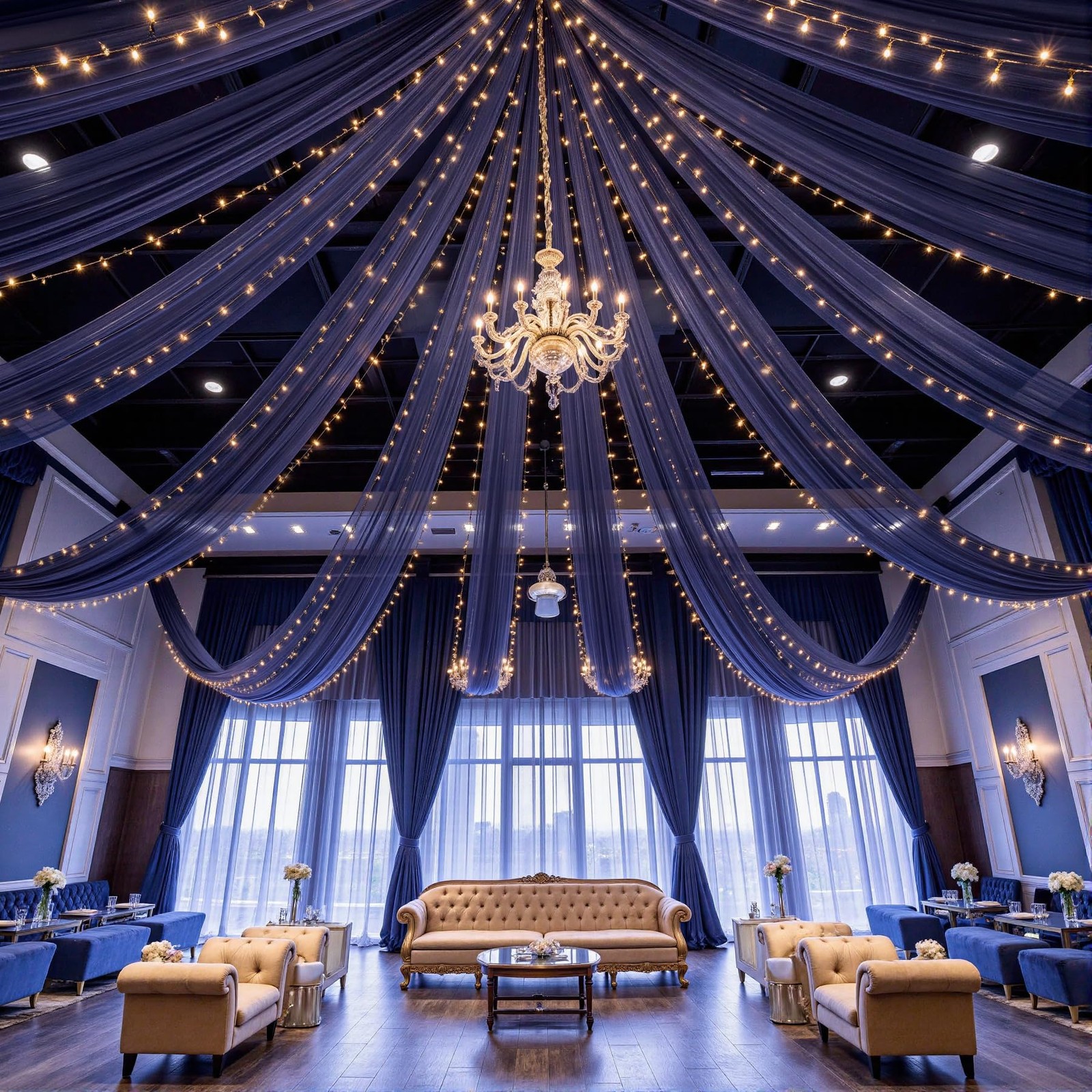 Navy Blue 60″W x 360″L (Pack of 6), Ceiling Drapes + Lights String