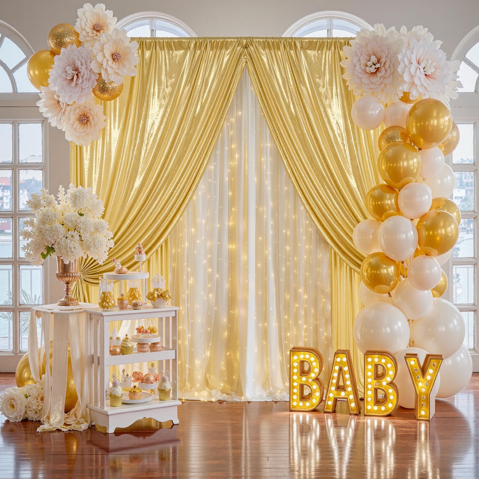 10x10FT Gold Sequin Backdrop – 2 Panels 5x10FT Wrinkle-Free Glitter Drapes fo…