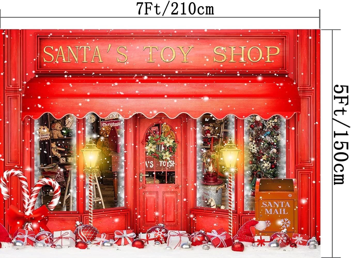 DePhoto Red Christmas Photo Backdrop Santa’s Toy Shop Candy Cane 7’X5′,