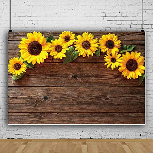 Wood Plank Sunflower Background for Photography 5x3ft Vintage Brown Wooden
