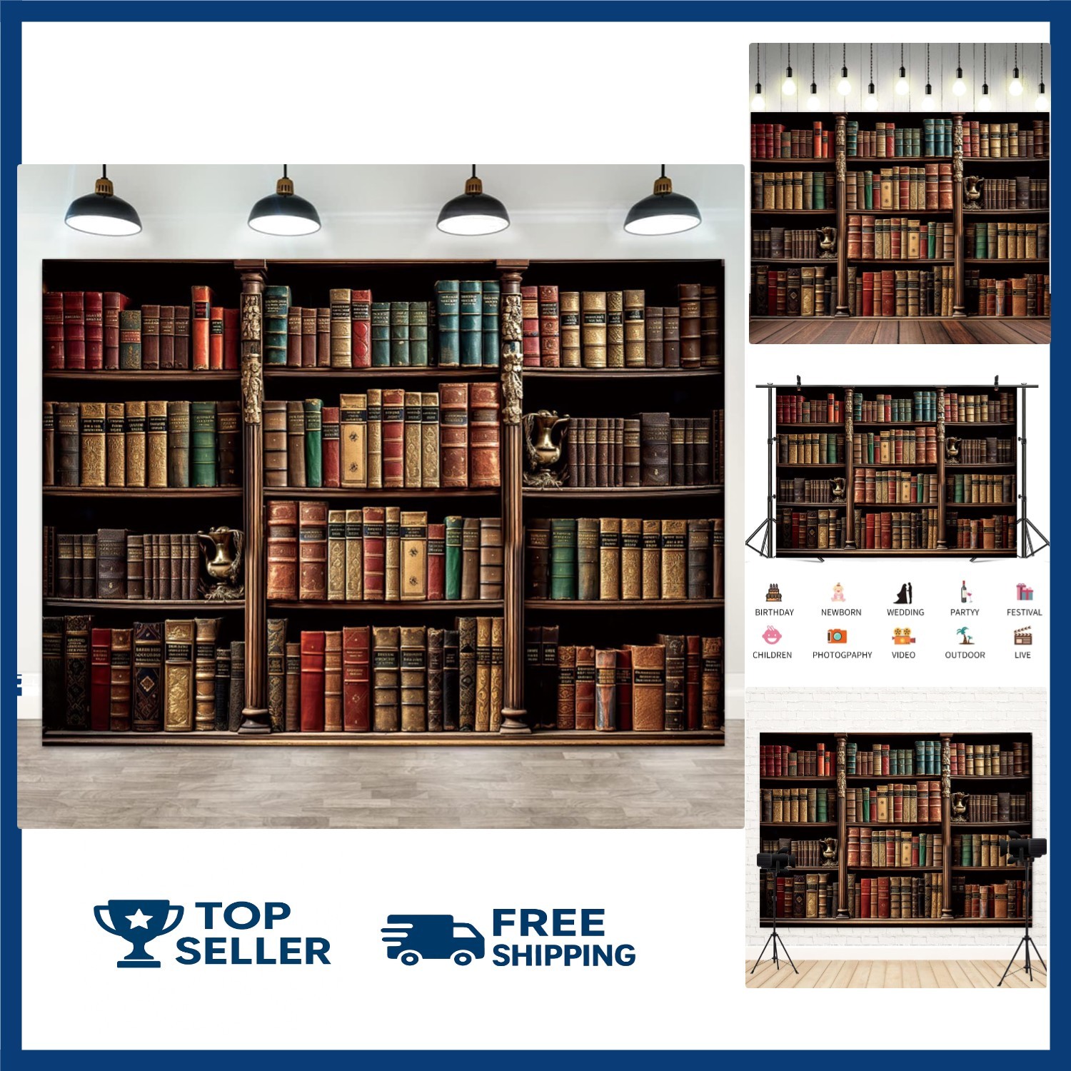 Vintage Bookshelf Backdrop 7x5FT Retro Library Photography Prop Medieval Theme D