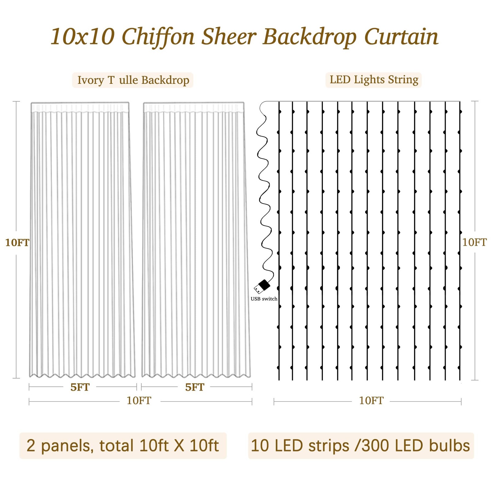 10x10ft Beige Chiffon Backdrop Curtain Lights Wedding Baby Shower Set