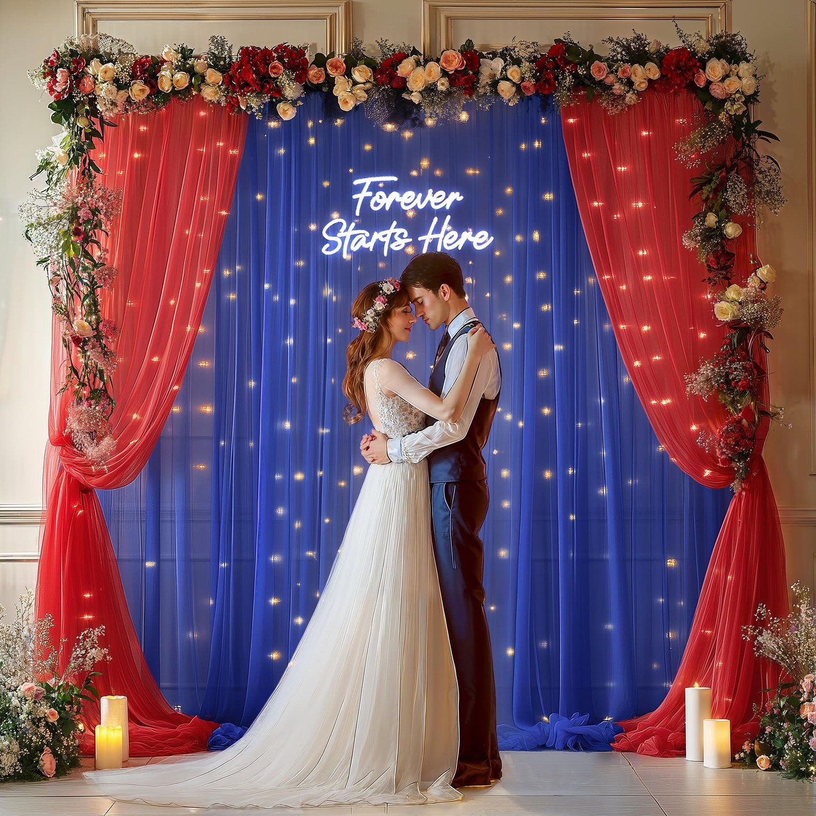 10x10ft Royal Blue Red Tulle Backdrop Curtain with Lights String for Parites,…