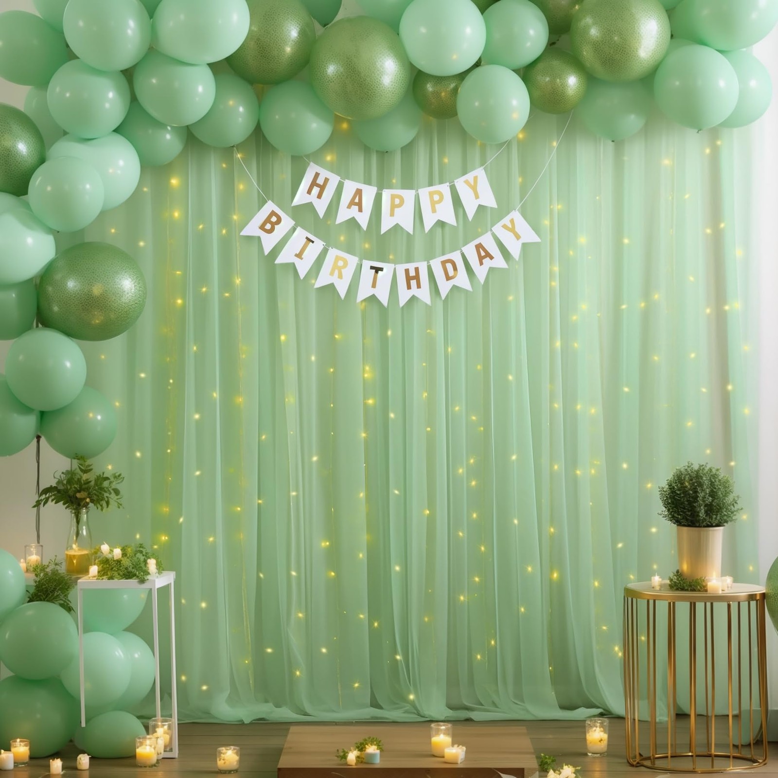 10×10 FT Green Tulle Backdrop Curtain with Lights Sheer Wedding Drapes 1 PCS
