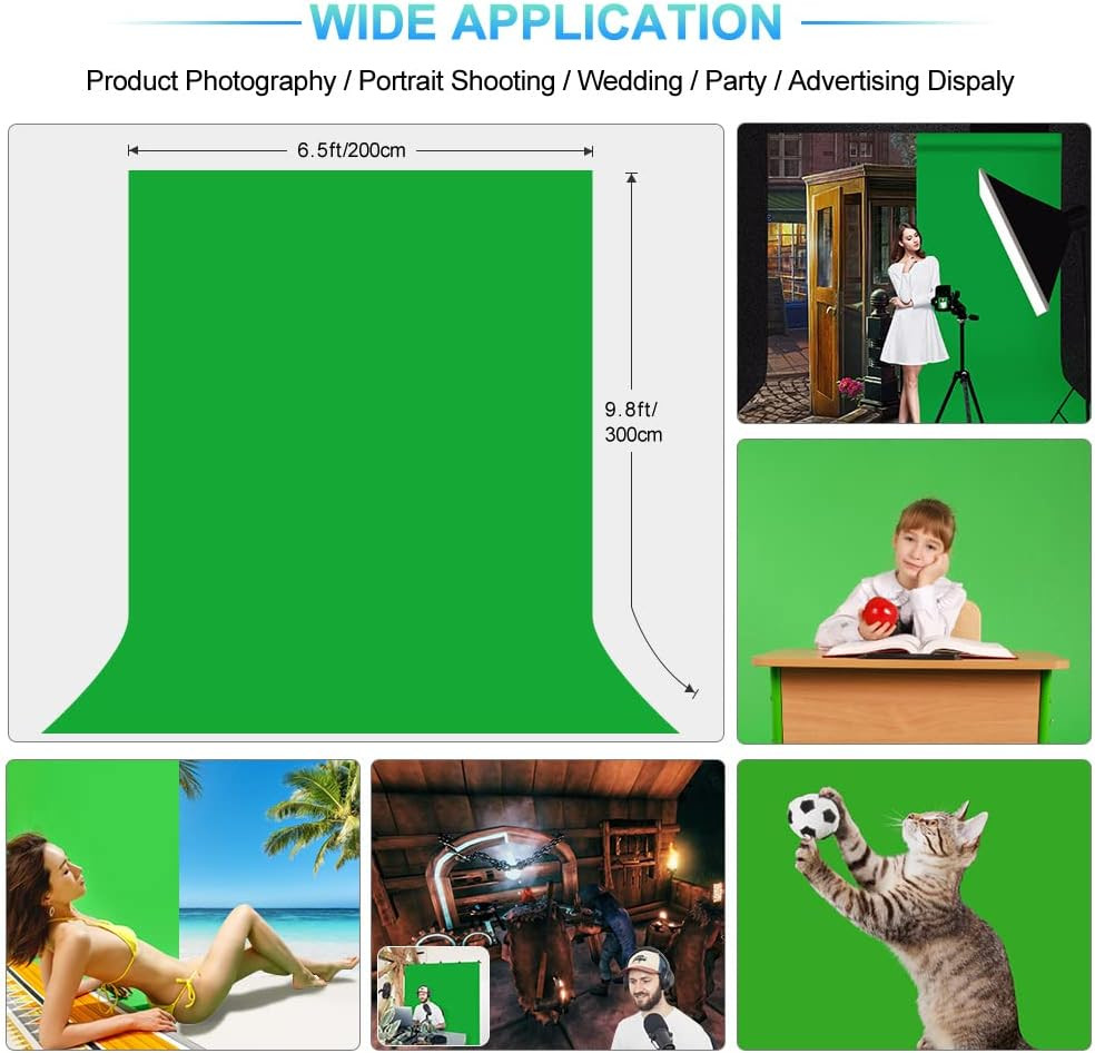 Portable Green Screen Backdrop with Stand Kit for Streaming – 6.5x10ft