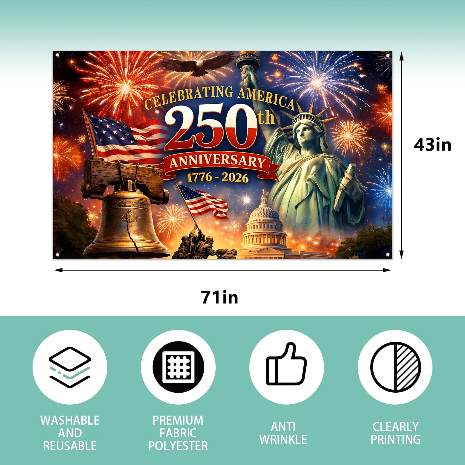 Red White and Blue American 250th Backdrop 71 inches x 43 inches, multicolor