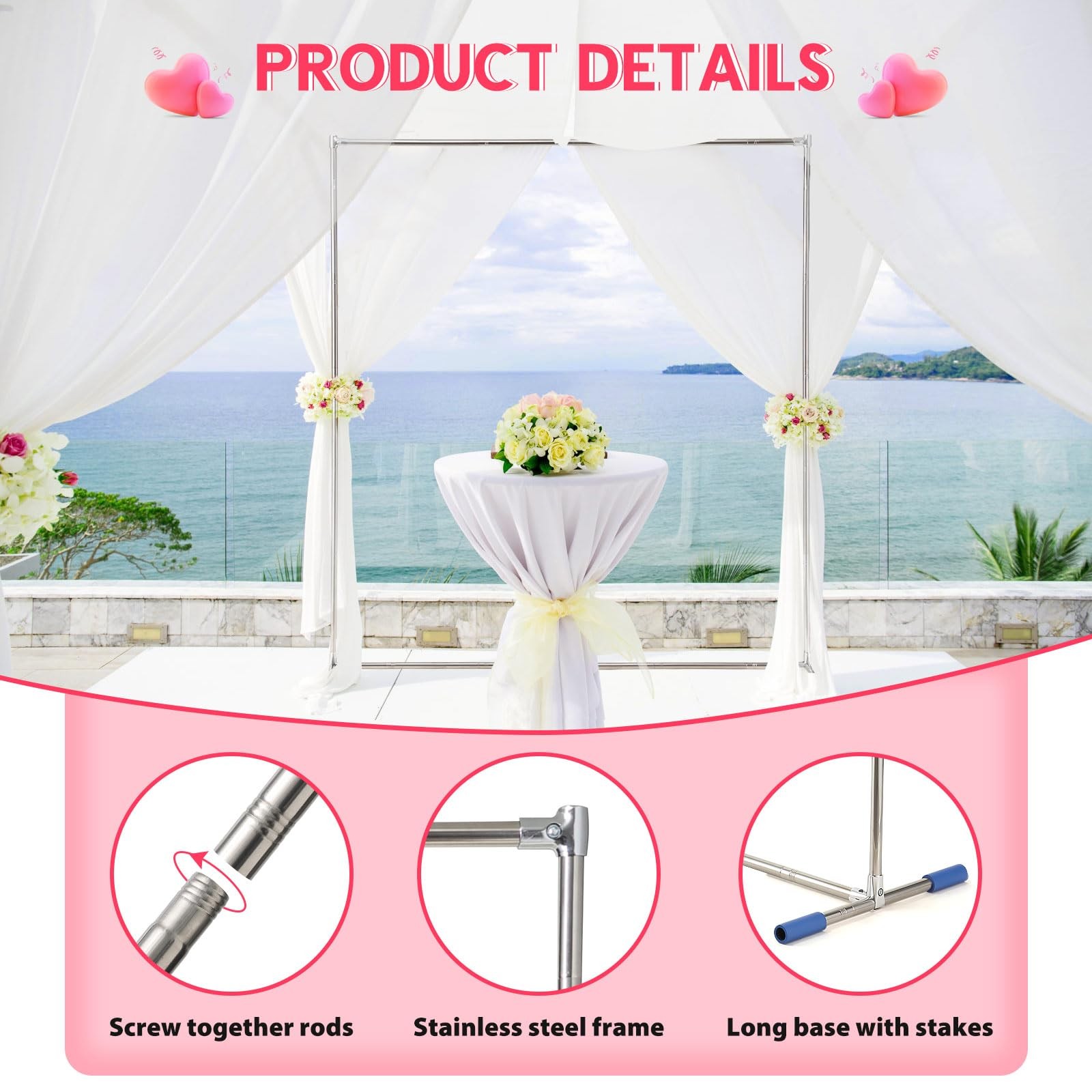 Wedding Arch,7 x 4 FT Metal Arch Backdrop Stand with Support Feet Base,Square…