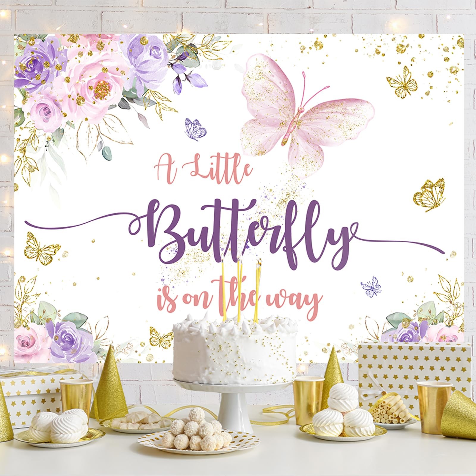 Aperturee 7x5ft Butterfly Baby Shower Backdrop A Little 7×5 ft, purple