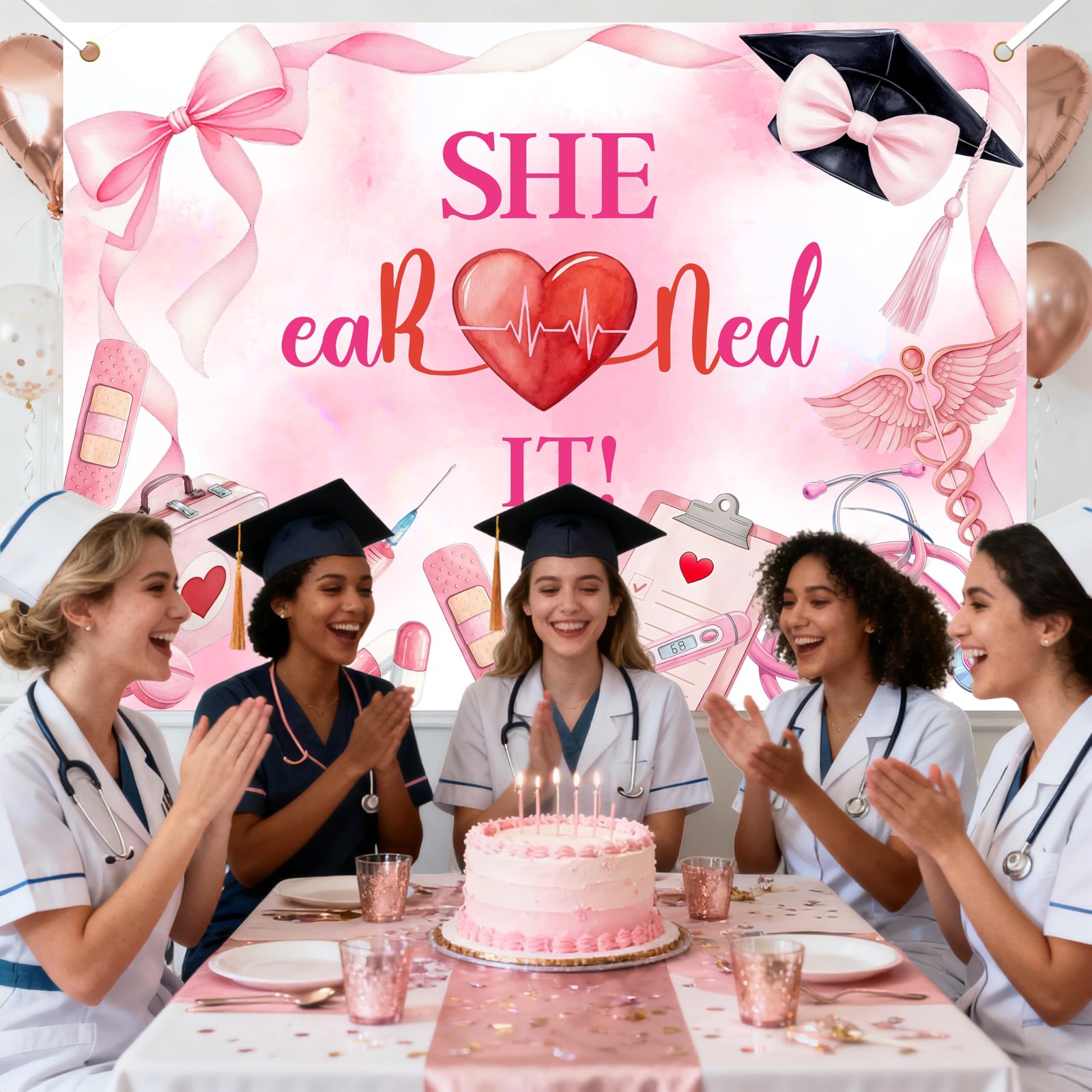 Rose Gold She Earned It Class 2025 Nurse Graduation Party Backdrop Supplies
