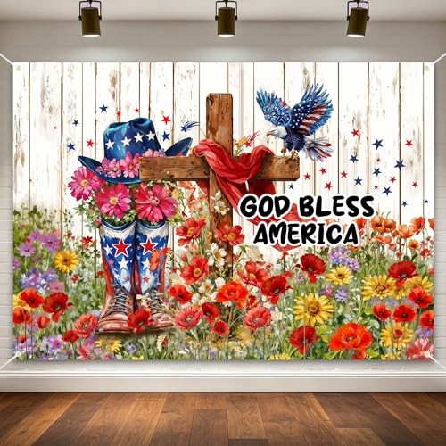 God Bless America Backdrop for 4th of July Decorations 7x5ft Western Boots