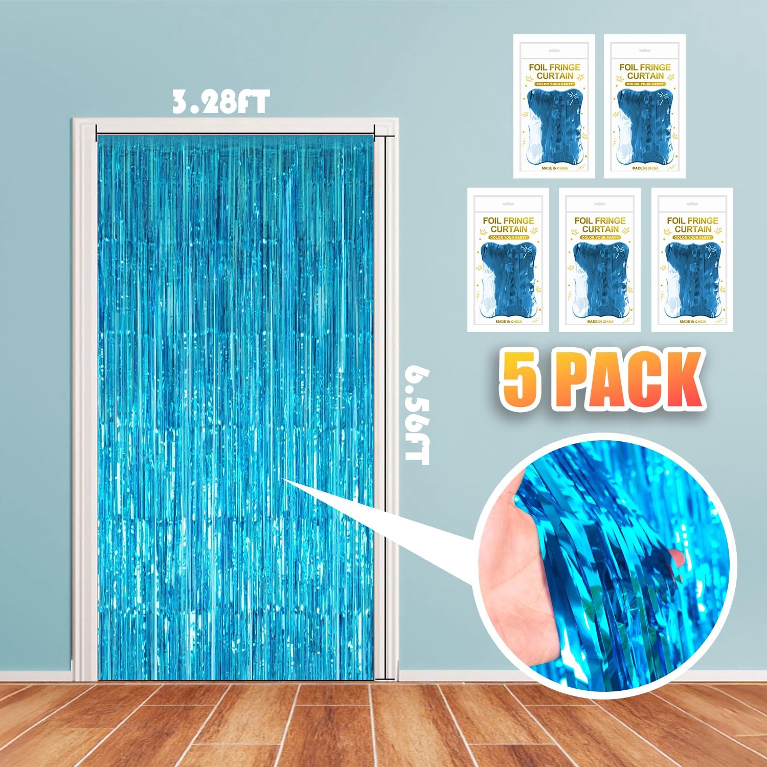 5 PCS 3.28×6.56 Ft Light Blue Metallic Tinsel Foil Fringe Curtains Backdrop