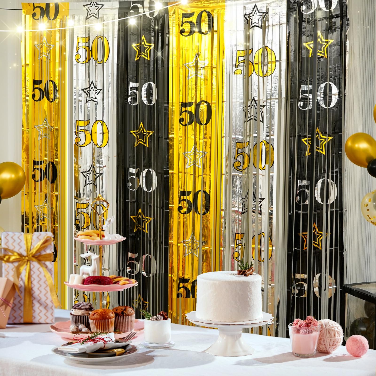 2 PCS 3.3×6.6ft 50th Birthday Backdrop, Black Gold Silver, Foil Fringe Curtain