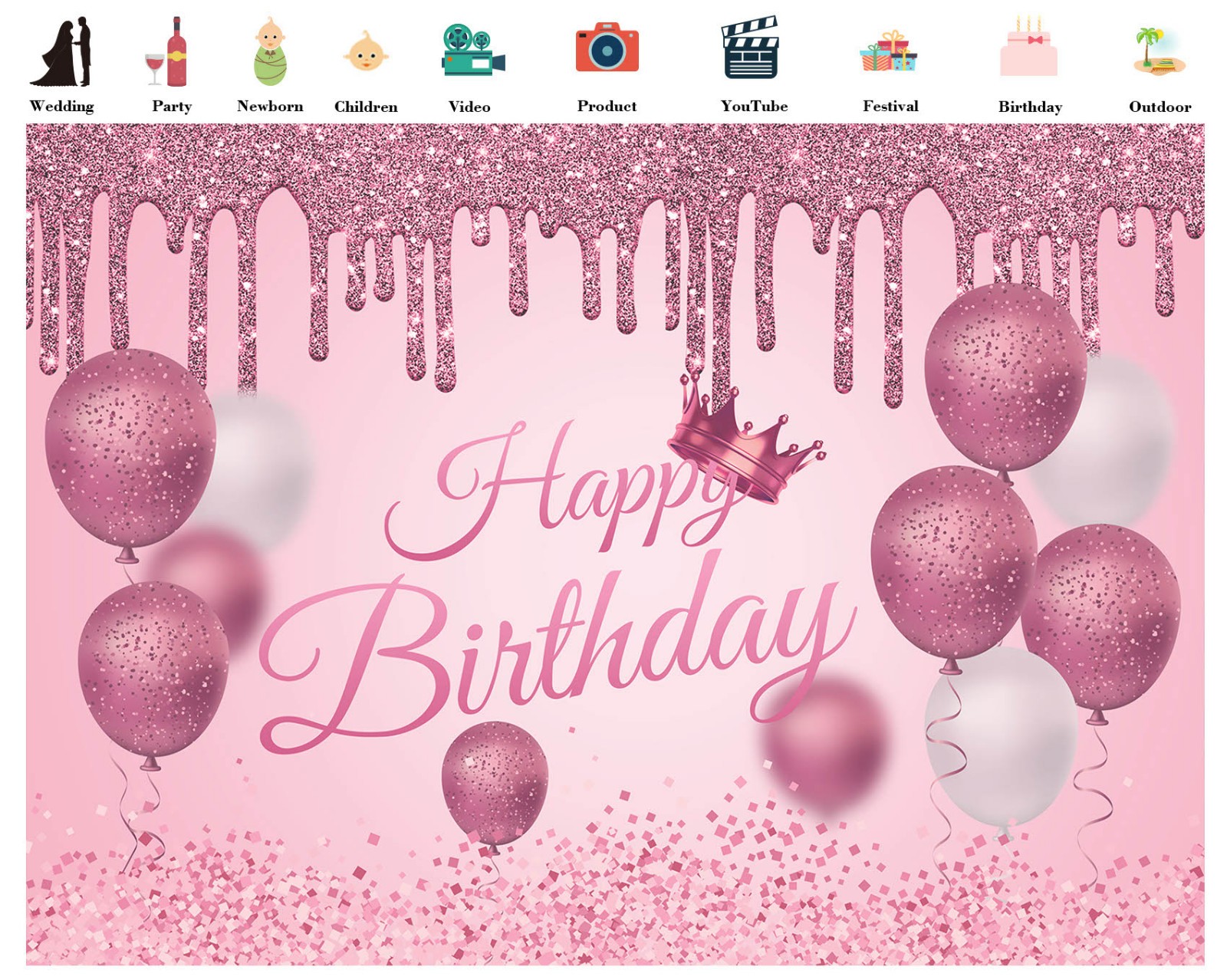 10x8ft Pink Glitter Balloon Happy Birthday Photography Backdrop Photo Background