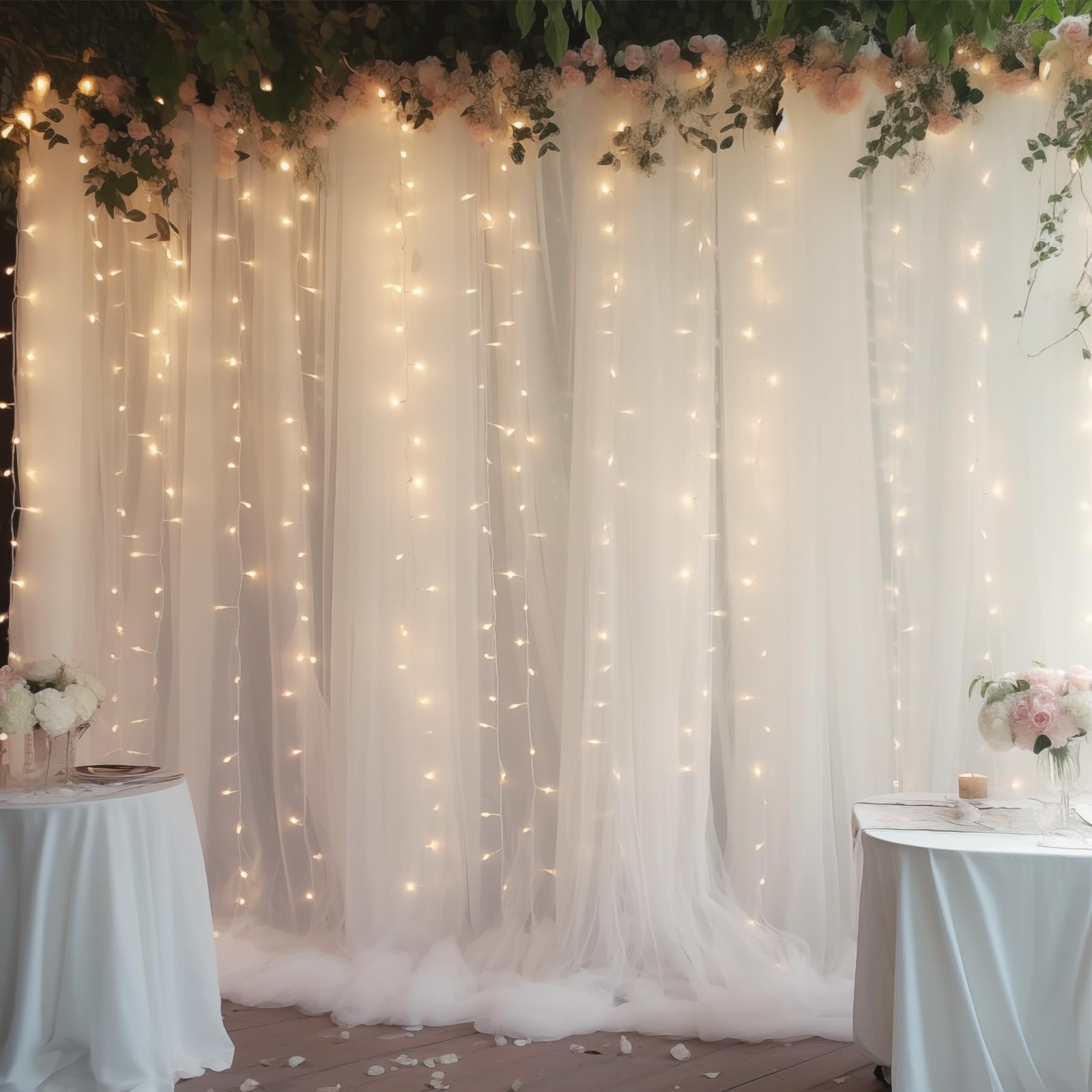 20×10ft White Tulle Backdrop Curtain with Lights String for Parties, Sheer Ph…