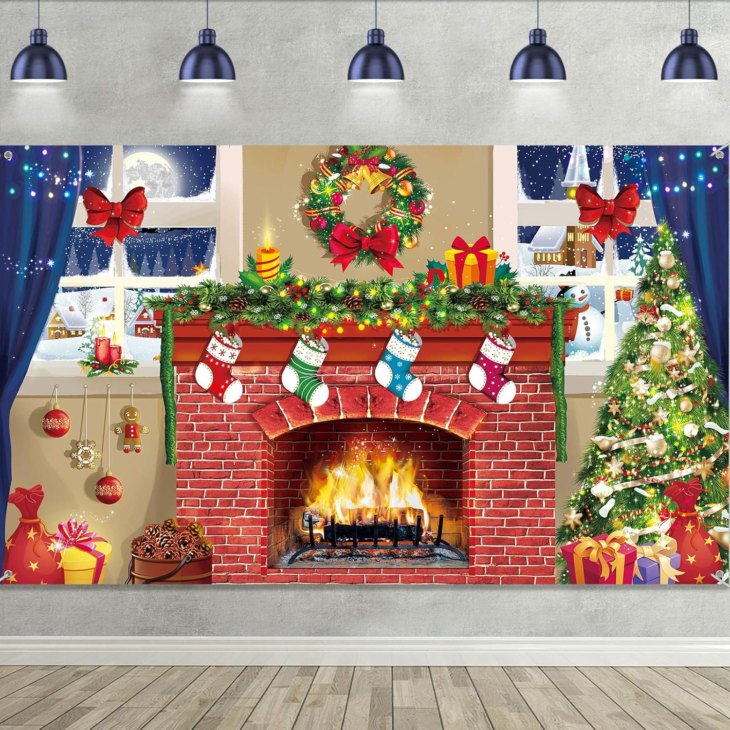 6×4 feet Christmas Fireplace Theme Backdrop Christmas Brick Wall Theme Decoratio
