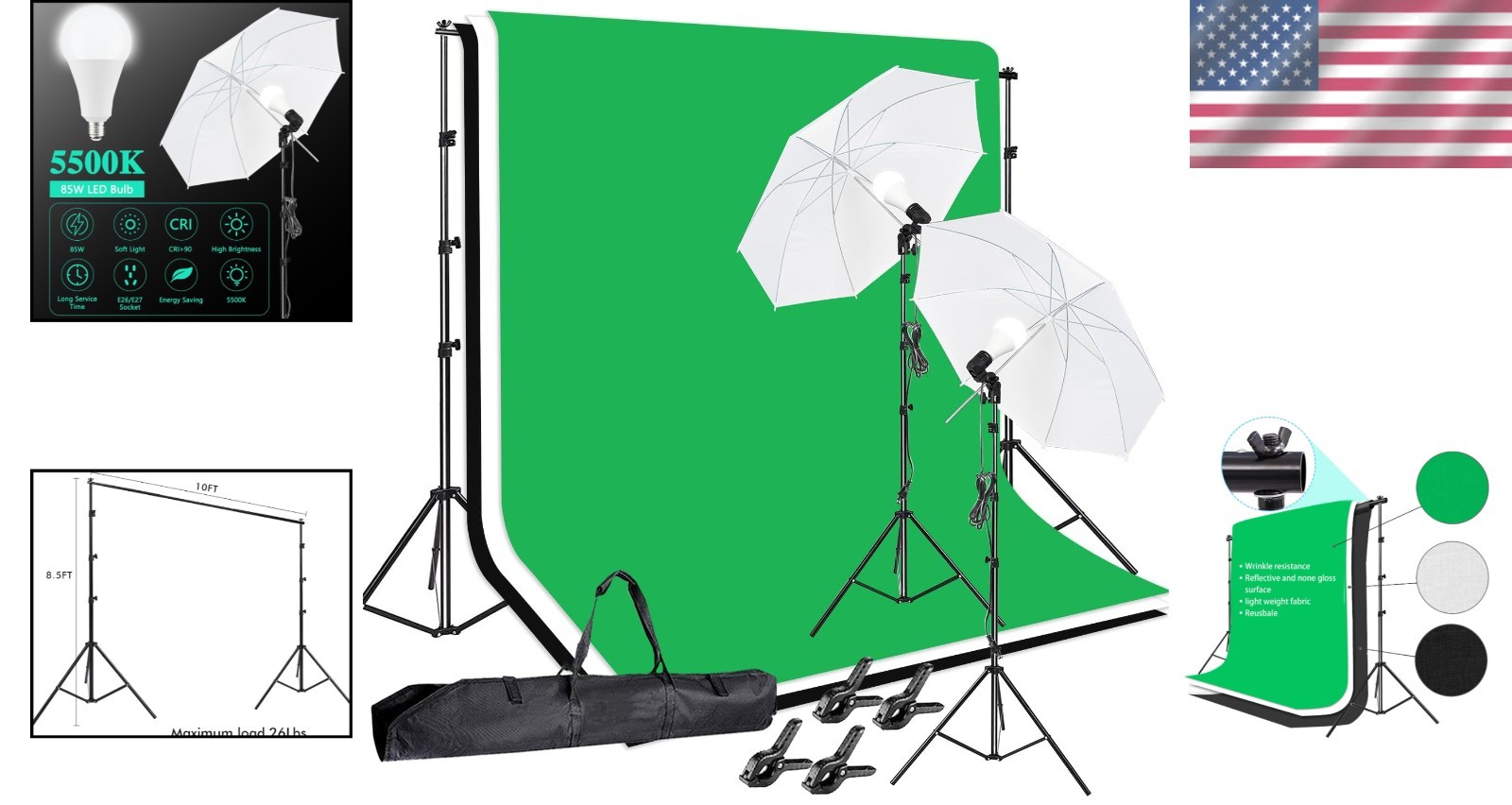 High-Quality Photo Video Studio Kit: Stand, Backdrops, LED Lights & Carry Bag