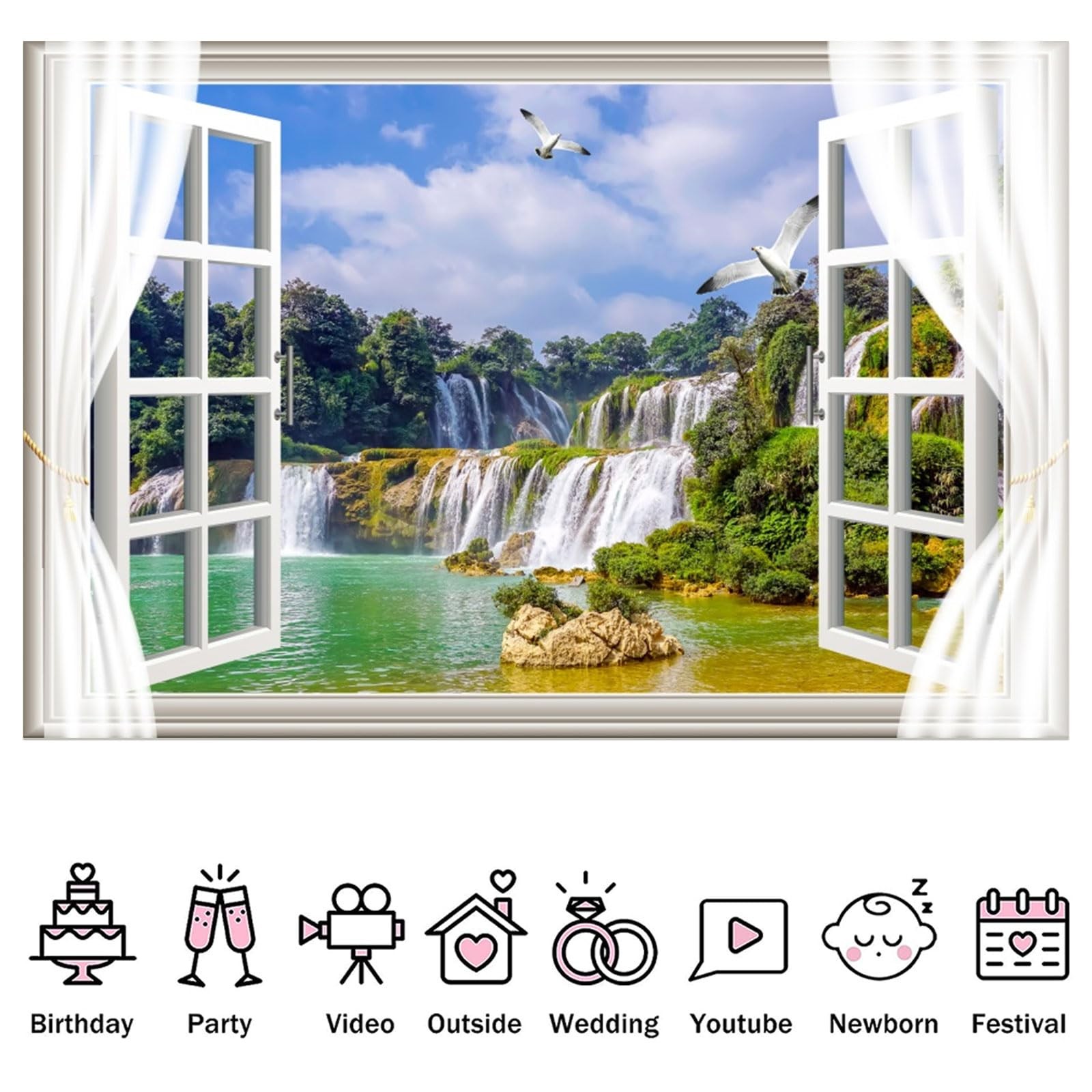 Fabric 7x5ft Waterfall Scenery Backdrop Outside Window View Spring Landscape