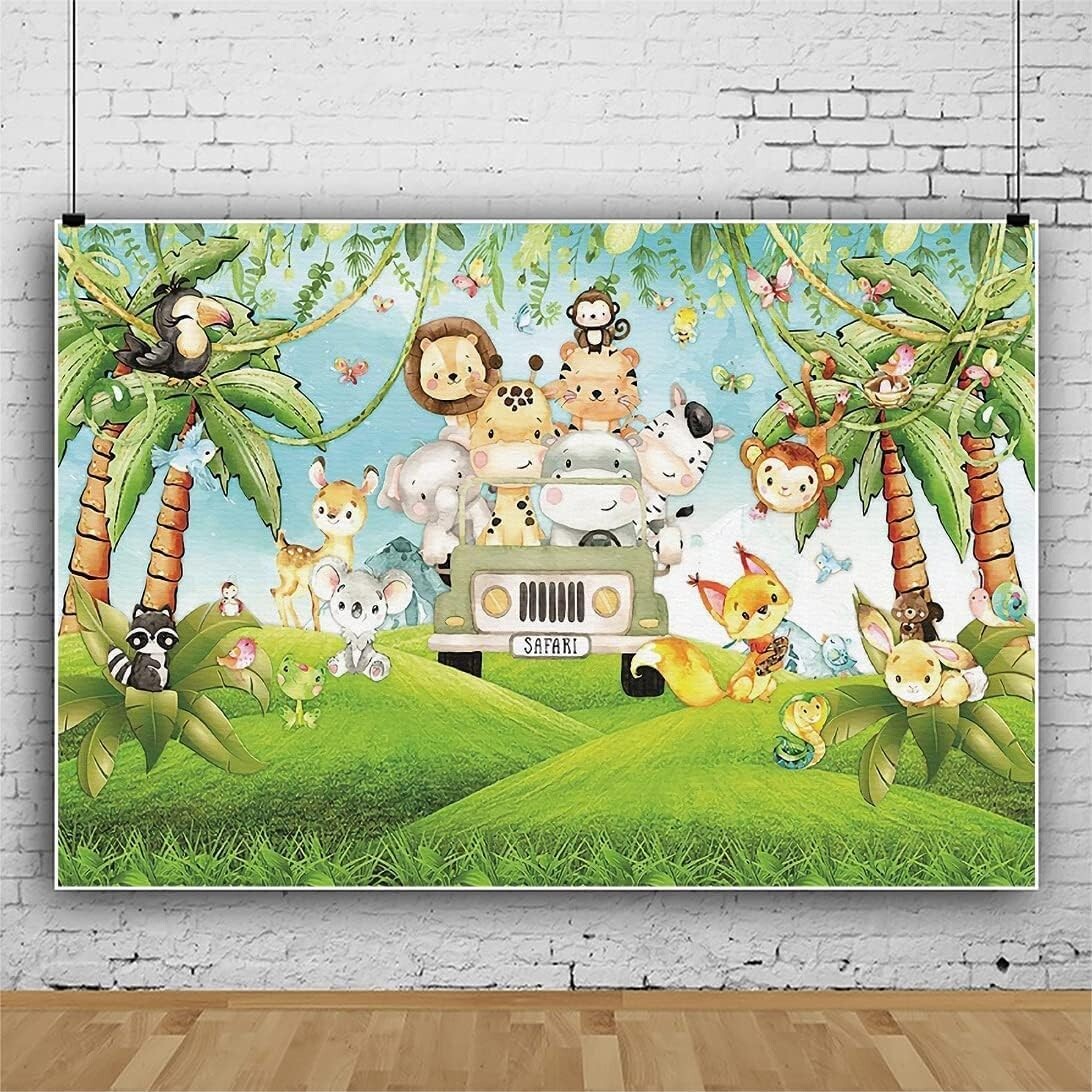 8x6ft Baby Safari Themed Birthday Shower Photo Backdrop Cartoon Jungle Animals