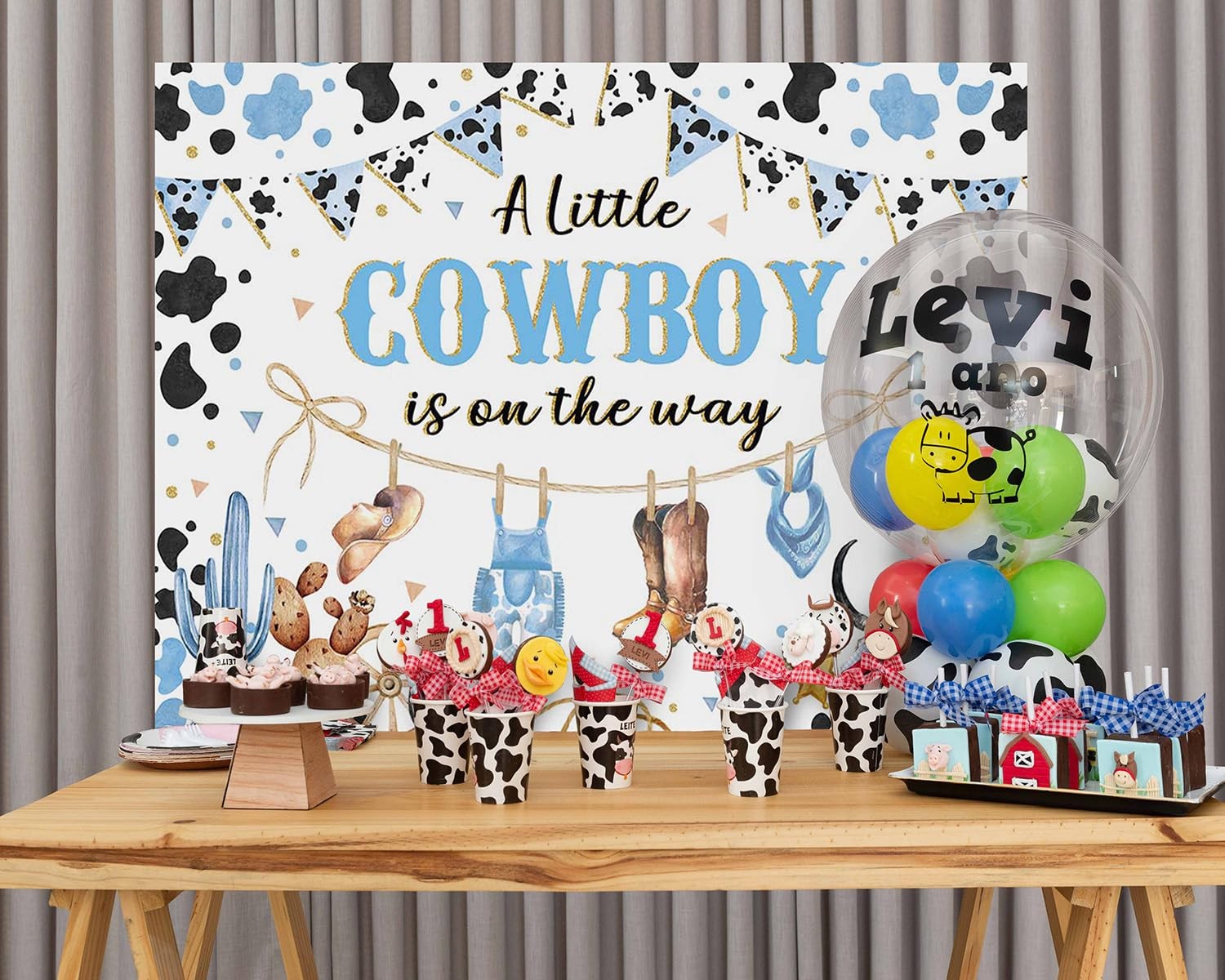 Mocsicka Cowboy Baby Shower Backdrop for Boy Blue A Little 7x5ft, blue