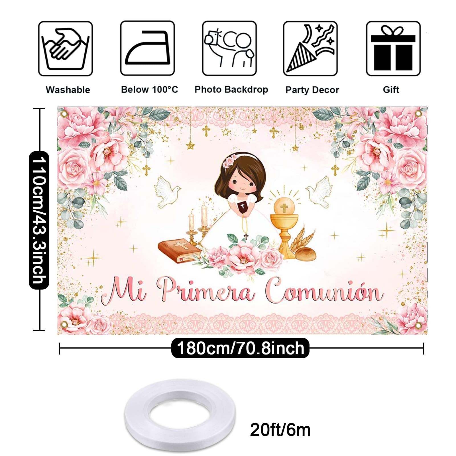 Mi Primera Comunion Banner Baptism Backdrop for Girls Pink Floral God Bless F…