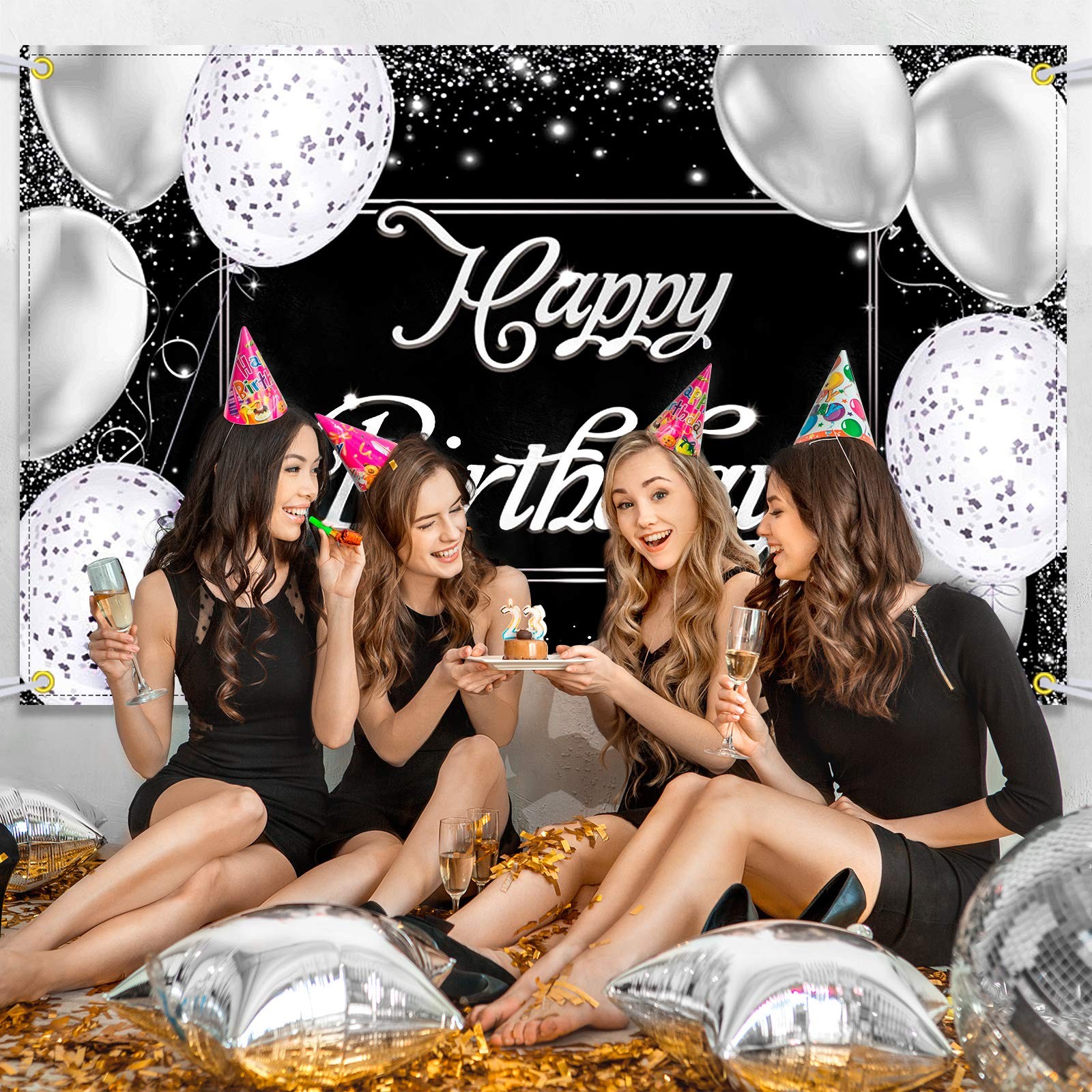 Silver Black Birthday Party Backdrop Silver Black Happy Birthday Banner Silver