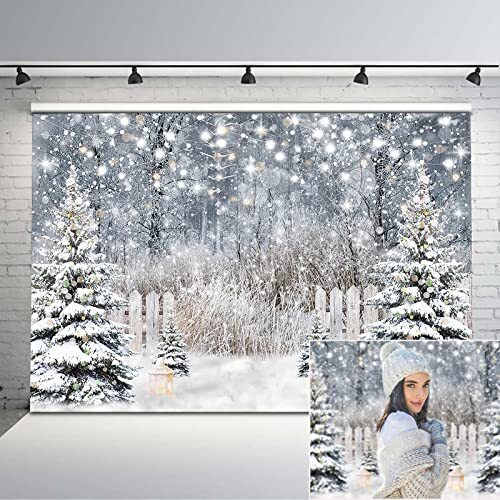 Winter Photography Backdrop Glitter Snowy Forest Pine Tree Background Snow 7×5