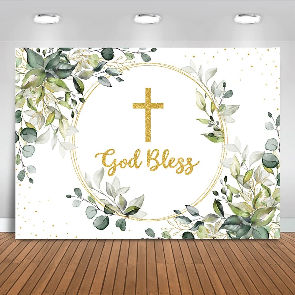 Greenery Baptism Backdrop Green and Gold God Bless Background First Holy Comm…
