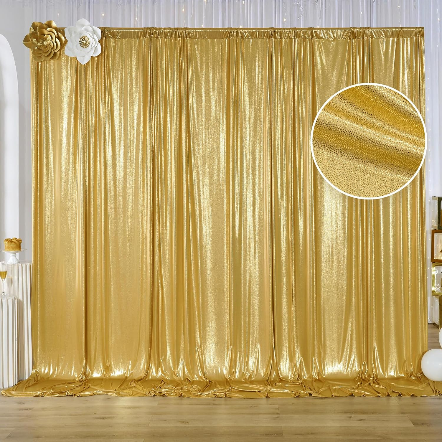 10X10 Ft Gold Sequin Backdrop Curtain Panels for Parties, Wrinkle Free Glitter P